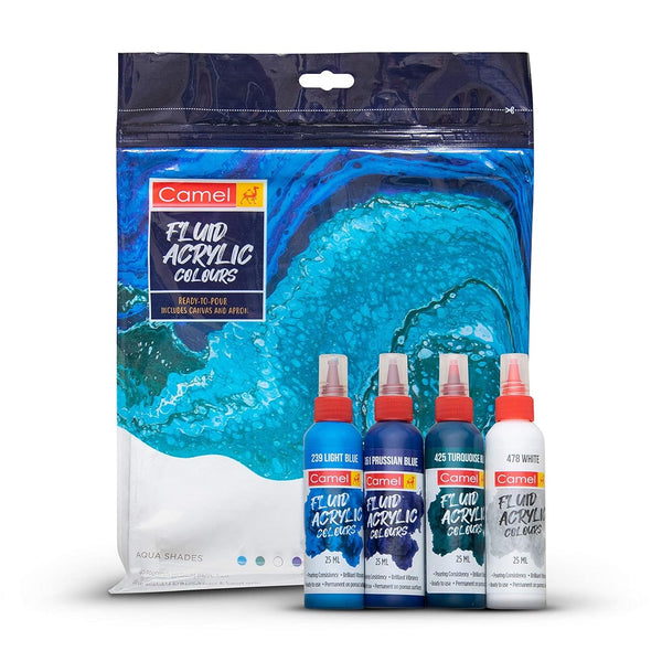 Camel Fluid Acrylic Colours kit, 4 aqua shade bottles