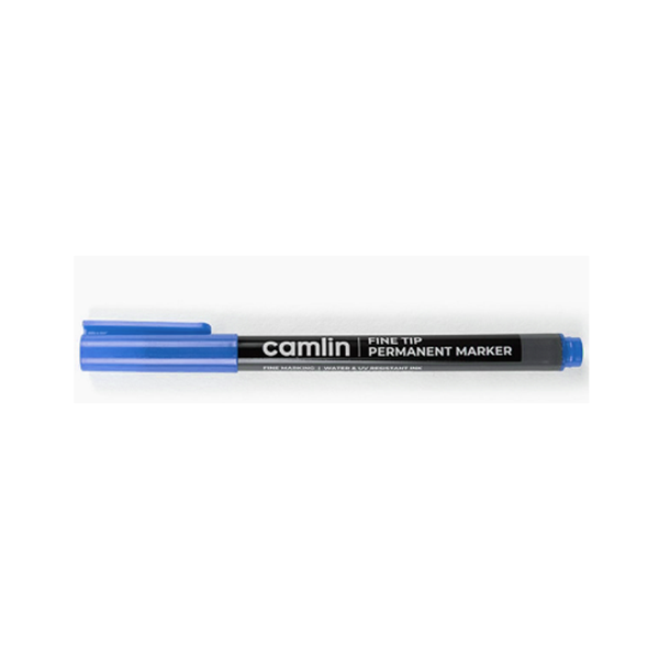 Blue Camlin fine tip permanent marker pen standing upright