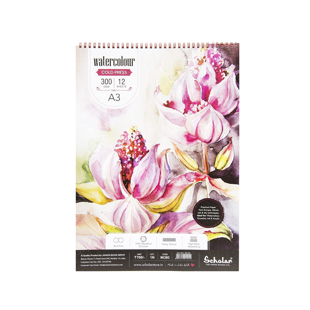 Scholar Watercolour Cold Press 300gsm 12 Sheets Spiral A3