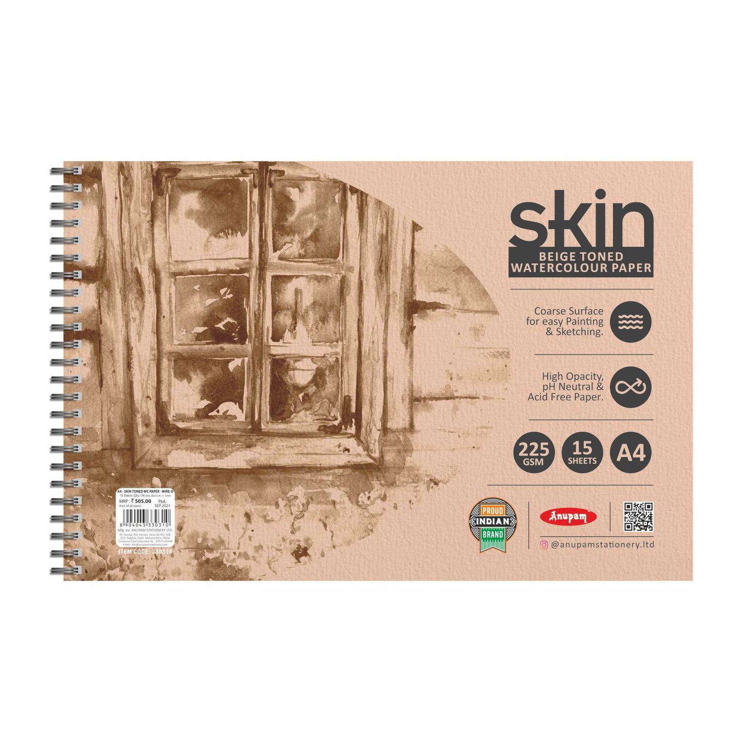 Anupam Skin Beige Toned Watercolour Papers 225gsm, 15 Sheets, Spiral, A4