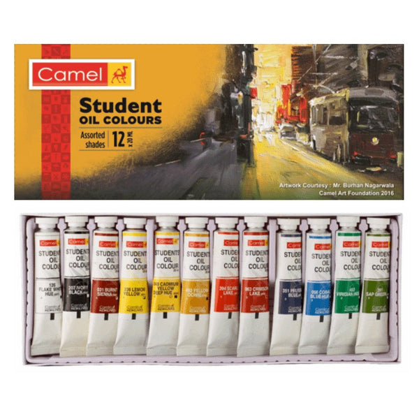 Camel Student Oil Colours box with twelve paint tubes displayed