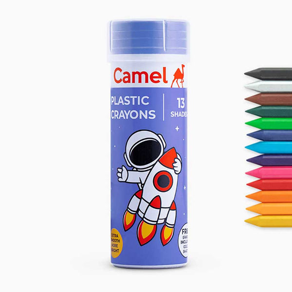 Box of Camel plastic crayons, 13 colourful shades, 97mm
