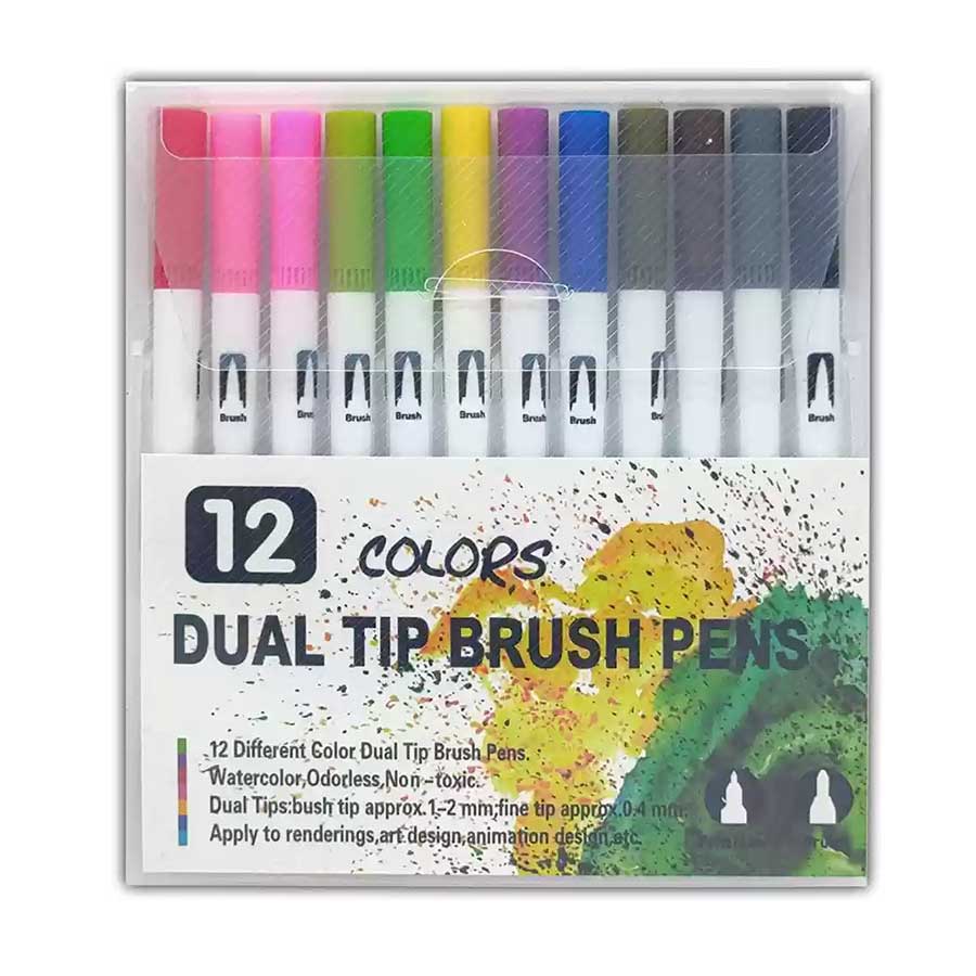Set of 12 dual tip brush pens in assorted shades
