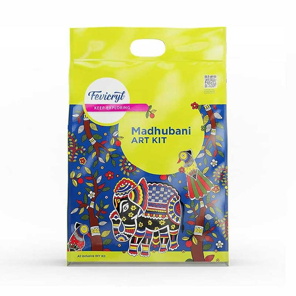 Fevicryl Madhubani Art Kit packaging with canvases and paints