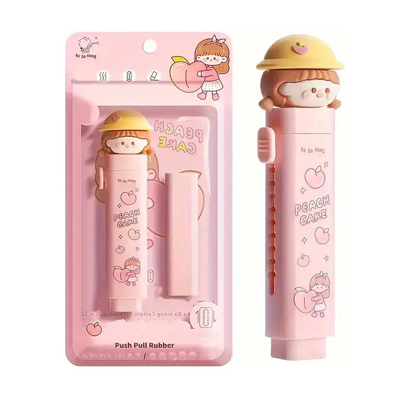 Ka Ba Xiong Kids Retractable Push Pull Eraser, Peach Cake, Pink