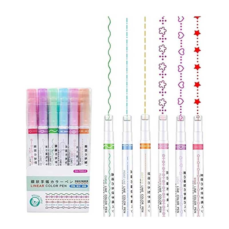 Linear Colour Pen, Roller Stamp Pens, 6 Shades