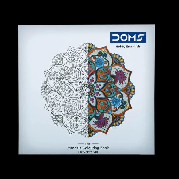 Doms Mandala colouring book cover with intricate mandala design