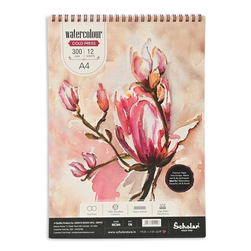 Scholar Watercolour Cold Press 300gsm, 12 Sheets, Spiral, A4