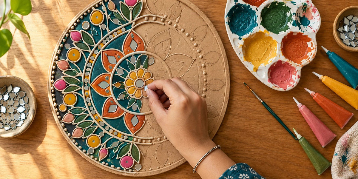 Hands pressing mirror pieces into a colourful lippan art mandala, with paints and brushes alongside