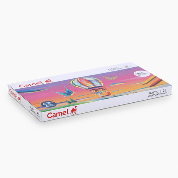 Box of Camlin plastic crayons, 28 shades