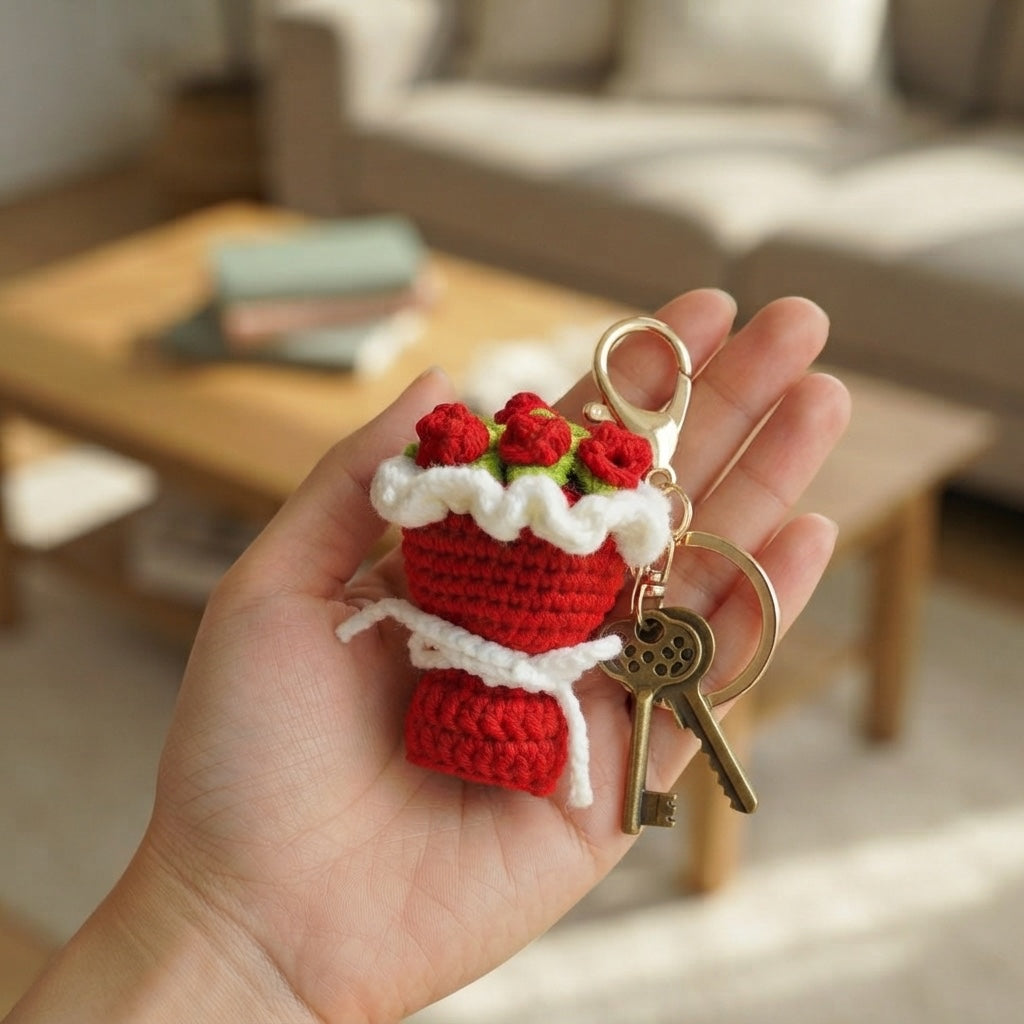 Handmade Crochet Flower Bouquet Keychain in use