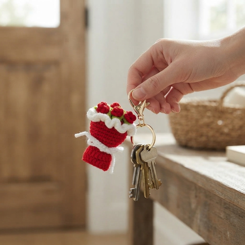 Handmade Crochet Flower Bouquet Keychain in use