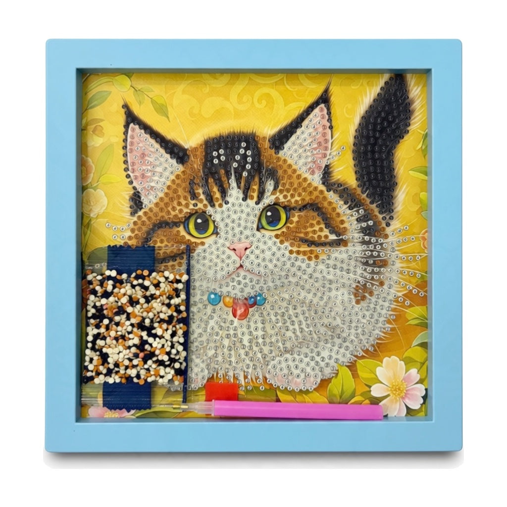 Cat diamond painting kit in blue frame with gems and pen