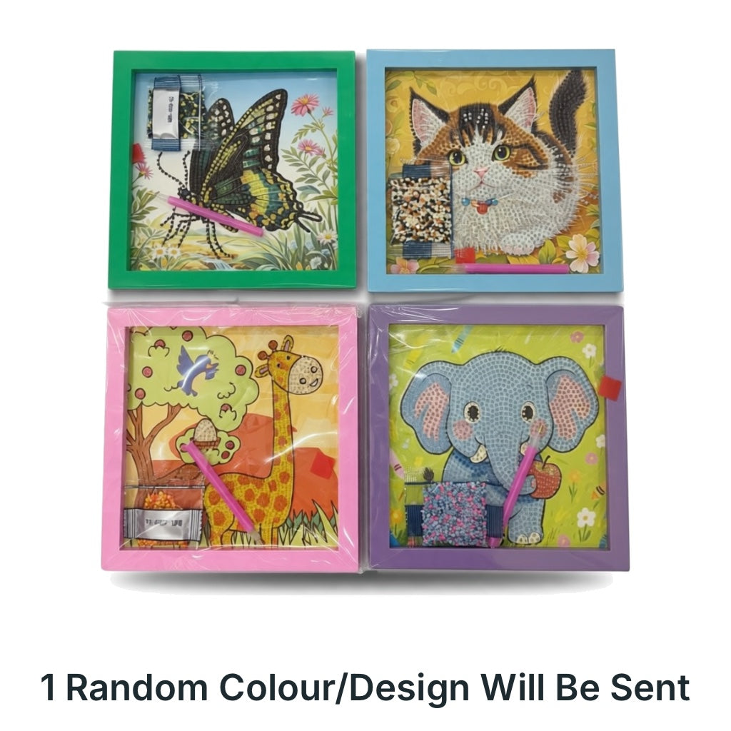 Four framed animal diamond painting kits: butterfly, cat, giraffe, elephant