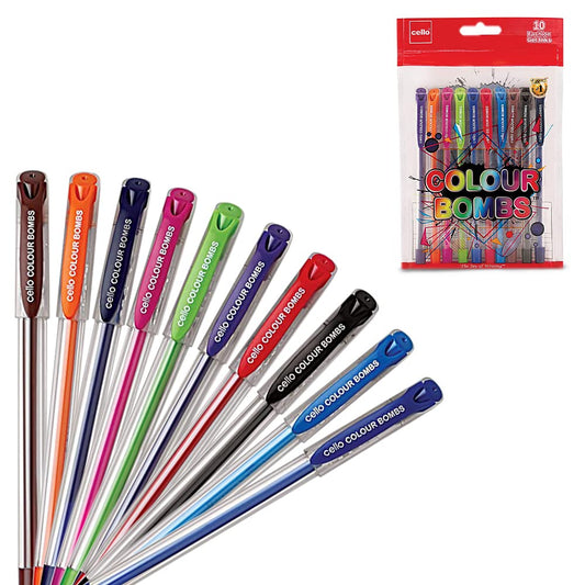 Cello Colour Bombs gel pens in ten vivid ink shades
