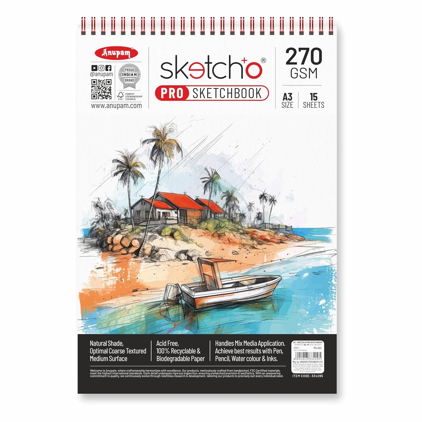 Anupam Sketcho Pro Sketchbook 270gsm 15 sheets, A3