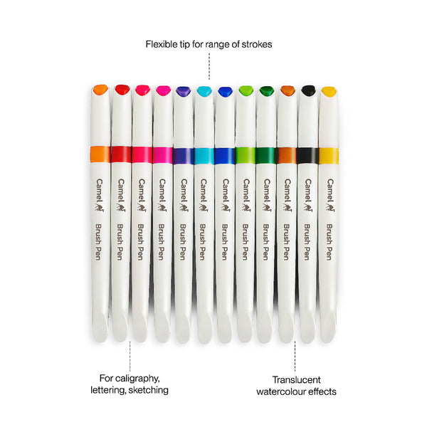 Pack of 12 assorted Camel brush pens with colored caps