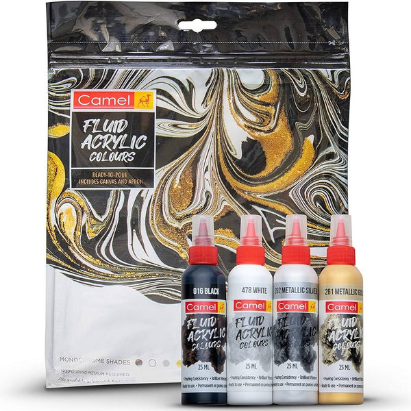 Camel Fluid Acrylic Colours kit, 4 monochrome shade bottles