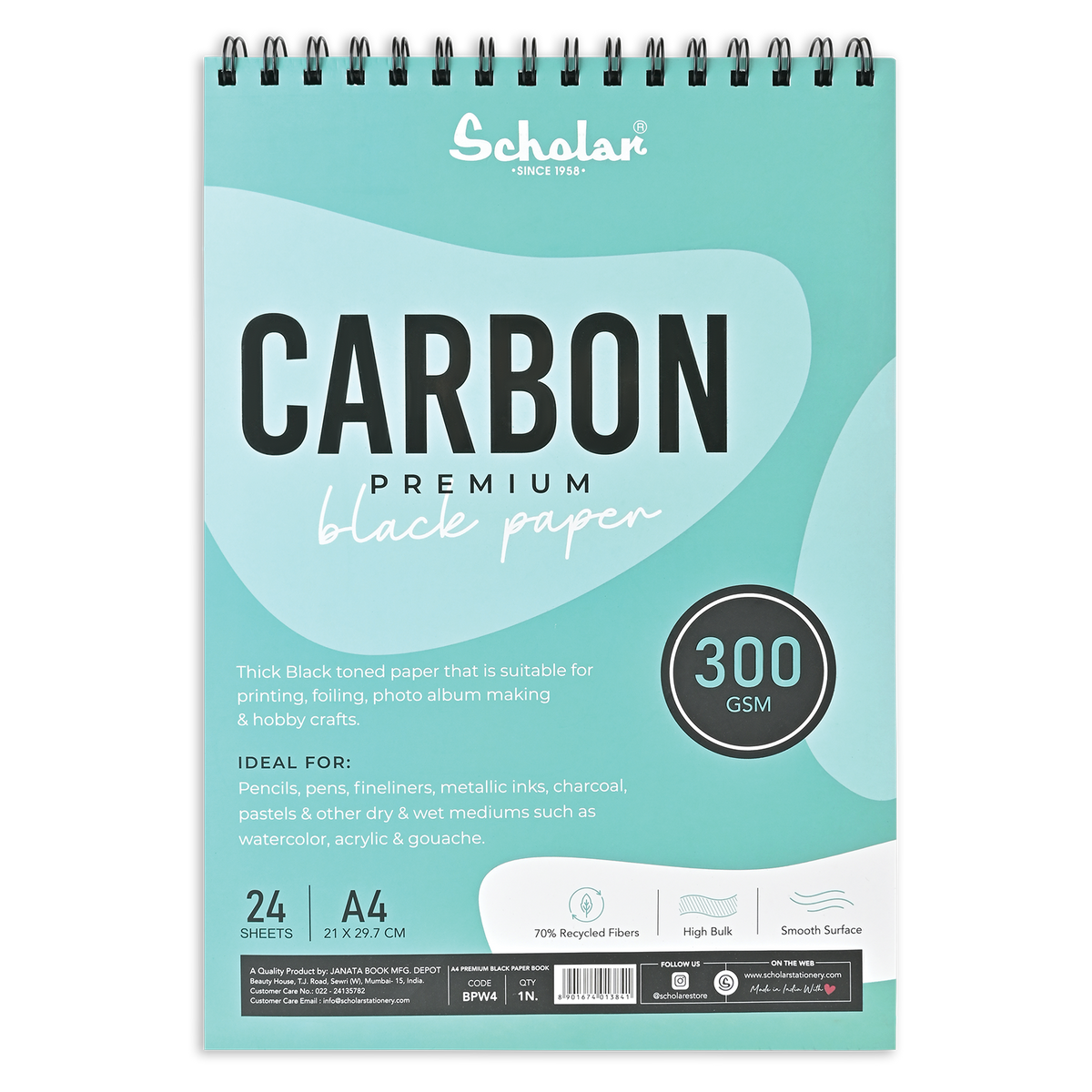 Scholar Carbon Premium black paper spiral pad, A4, 300gsm