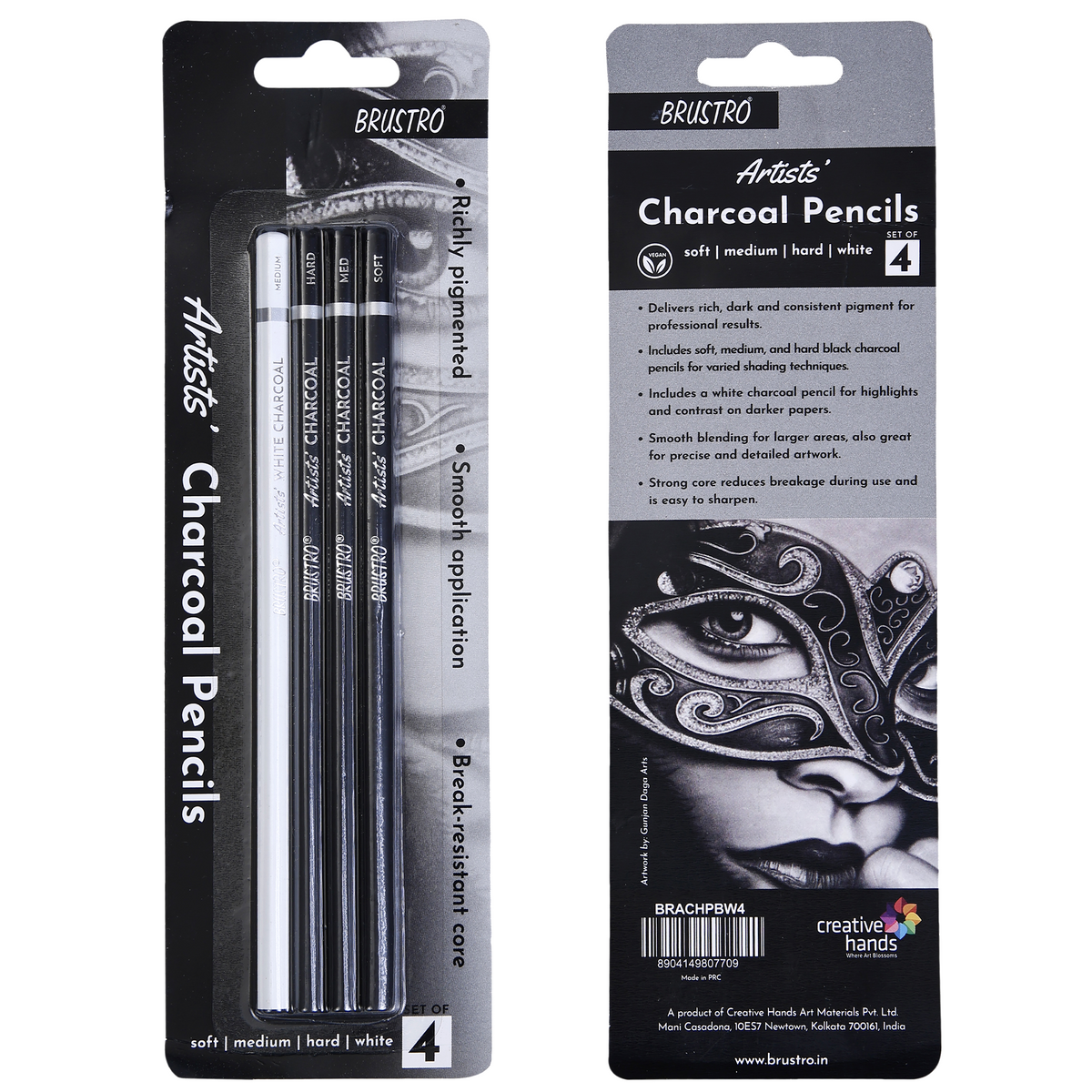 Brustro charcoal pencil set with three black and one white pencil