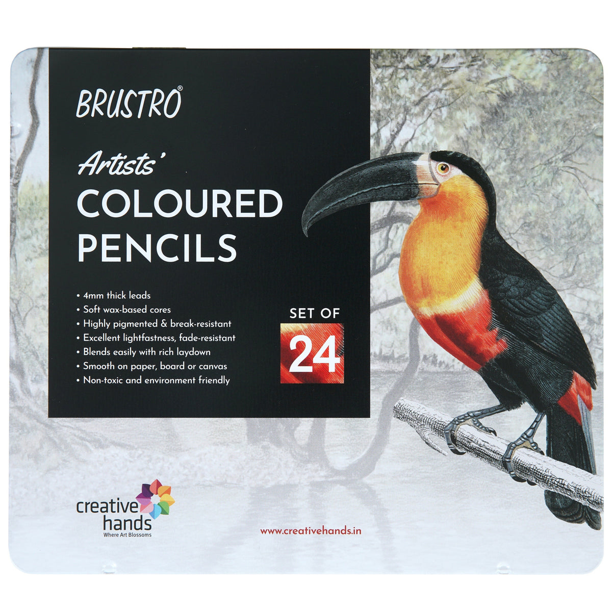 Tin box of Brustro artists coloured pencils, 24 shades