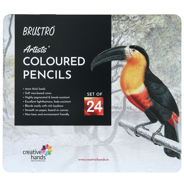 Tin box of Brustro artists coloured pencils, 24 shades