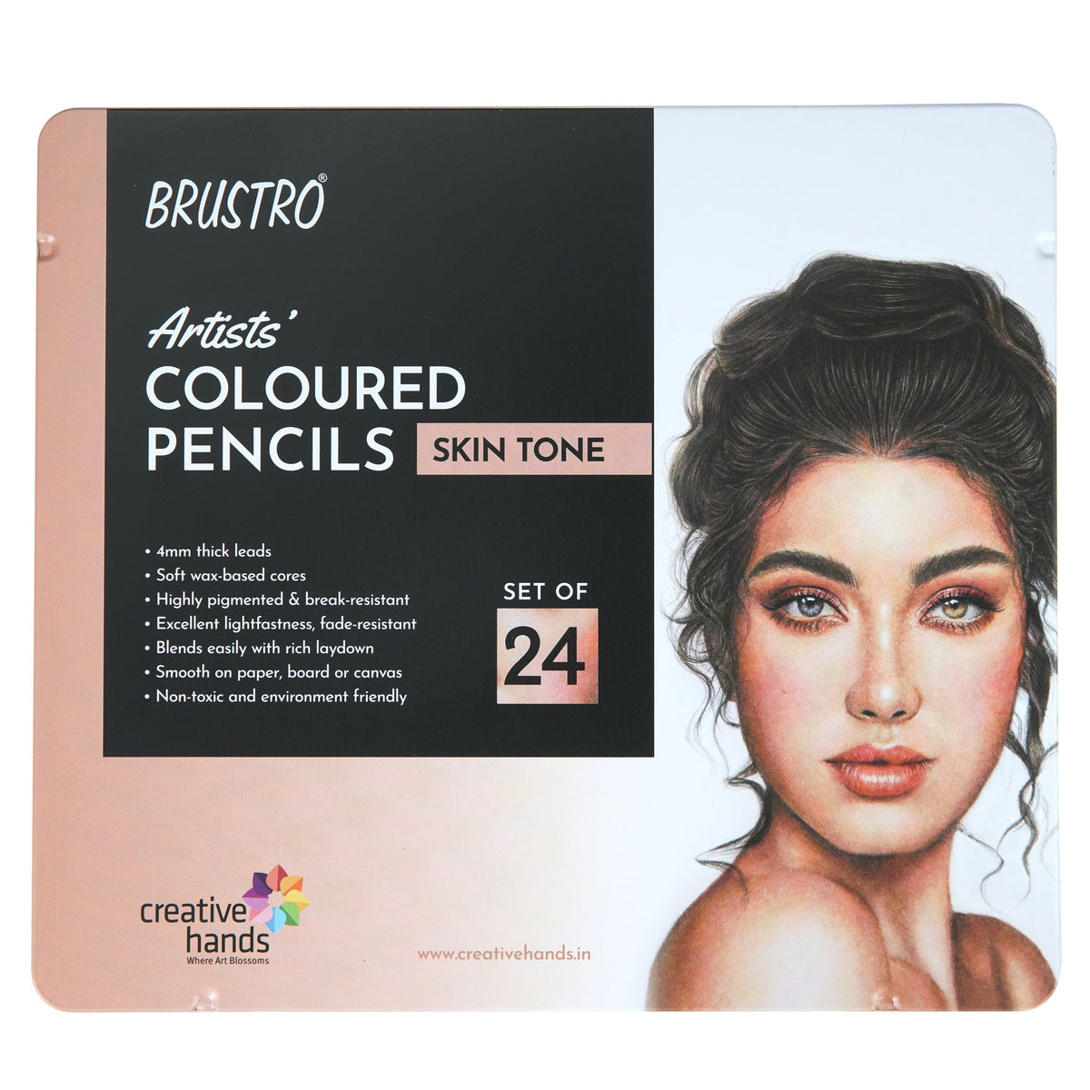 Tin box of Brustro skin tone coloured pencils, 24 shades