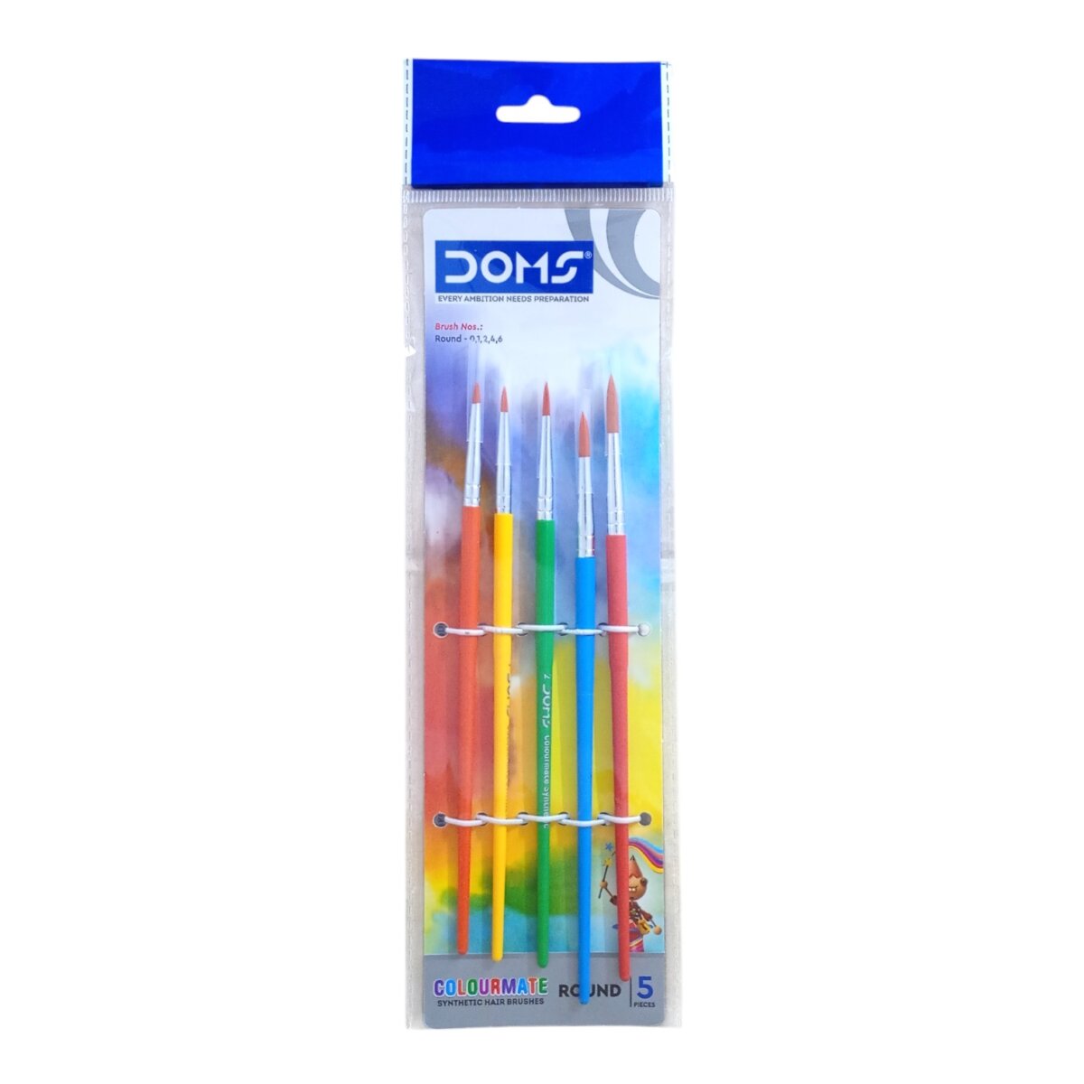 Set of five Doms Colourmate round paintbrushes with wooden handles
