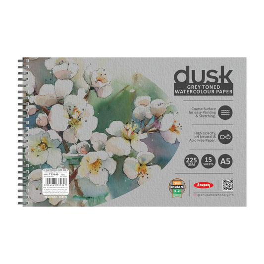 Anupam Dusk Grey Toned Watercolour Papers 225gsm, 15 Sheets, Spiral, A4