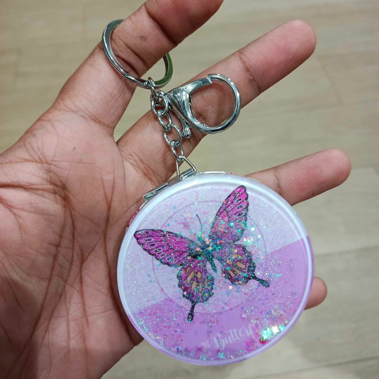 Cosmetic Mirror Keychain, Diamond+Glitter, Butterfly #FK-VIRAL-44C