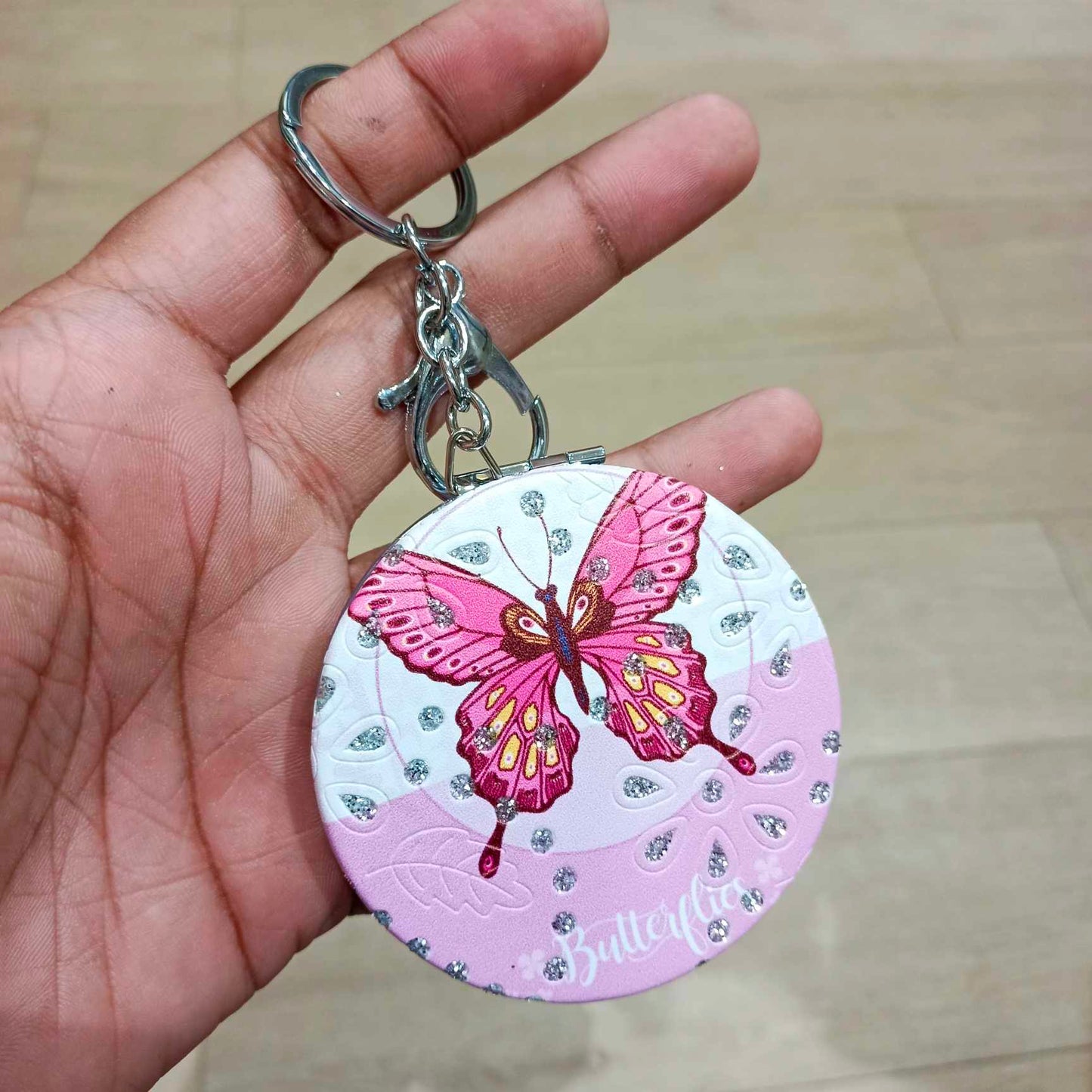 Cosmetic Mirror Keychain, Diamond+Glitter, Butterfly #FK-VIRAL-44C