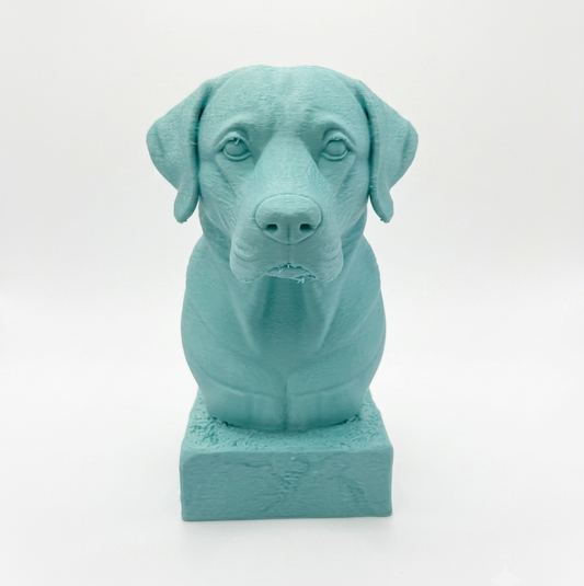 Knitted Labrador dog miniature toy in mint green, front view