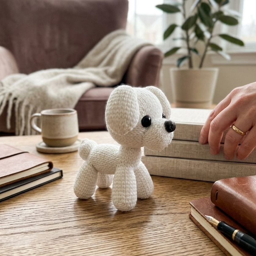 Knitted Dog Miniature Toy Statue, White