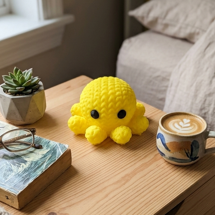 Knitted Octopus Miniature Toy Statue, Neon Yellow