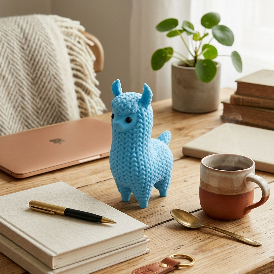 Cute Knitted Mini Llama Miniature Toy Statue, Pastel Blue