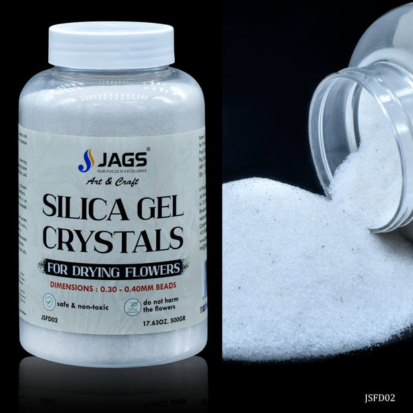 Jar of silica gel crystals for flower drying