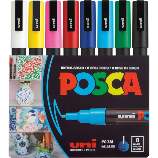 Uni Posca PC-3M fine tip paint markers, set of 8 shades