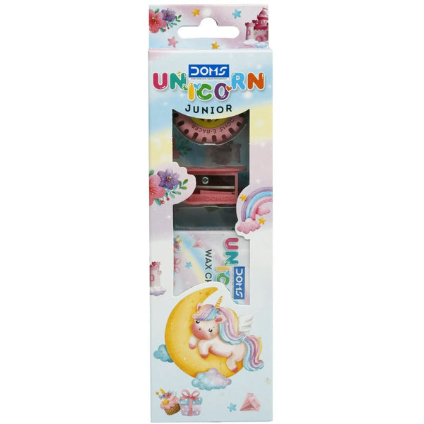 Doms Unicorn Junior Kit with crayons, pencils, eraser and sharpener