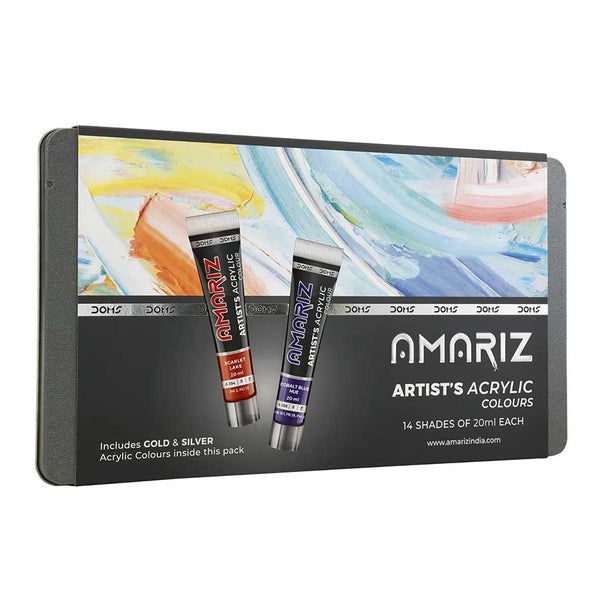 Doms Amariz artists acrylic colours tin set, 14 shades of 20ml tubes