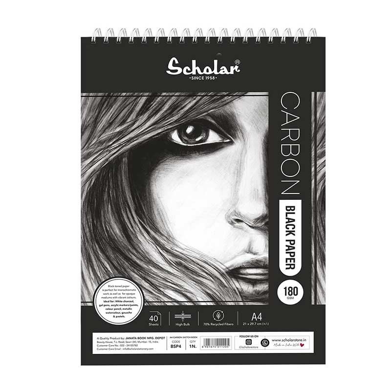 Scholar Carbon Black Paper 180gsm, 40 Sheets, Spiral, A4