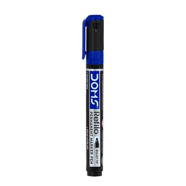 Doms permanent marker with fine tip and blue ink cap shown upright