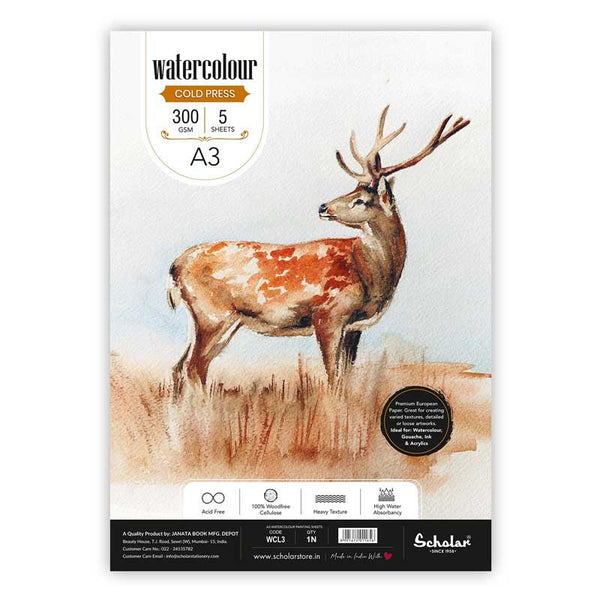 Pack of Scholar cold press watercolour paper, A3, 5 sheets