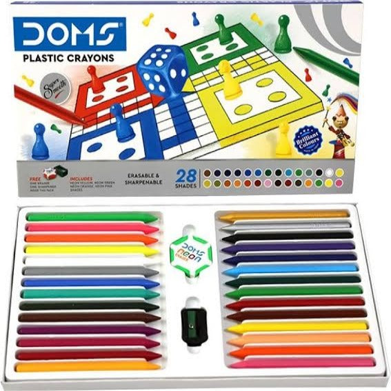 Doms Plastic Crayons round tin box, 28 assorted shades
