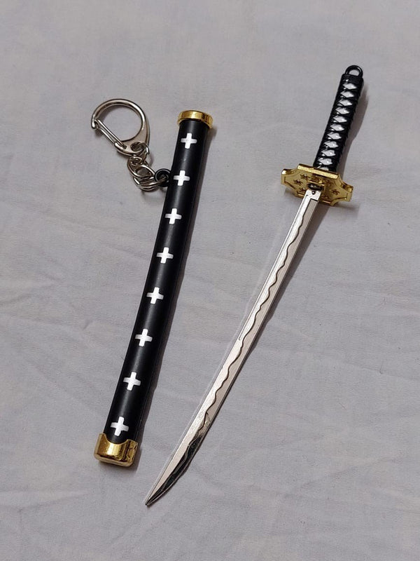 Silver katana sword keychain with button release mechanism