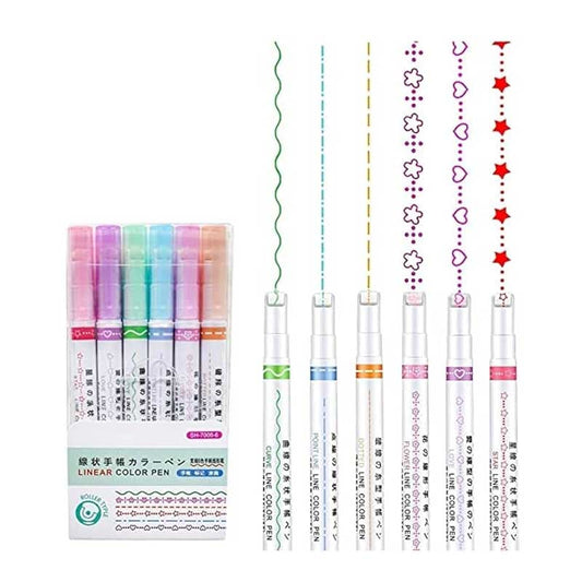 Linear Colour Pen, Roller Stamp Pens, 6 Shades