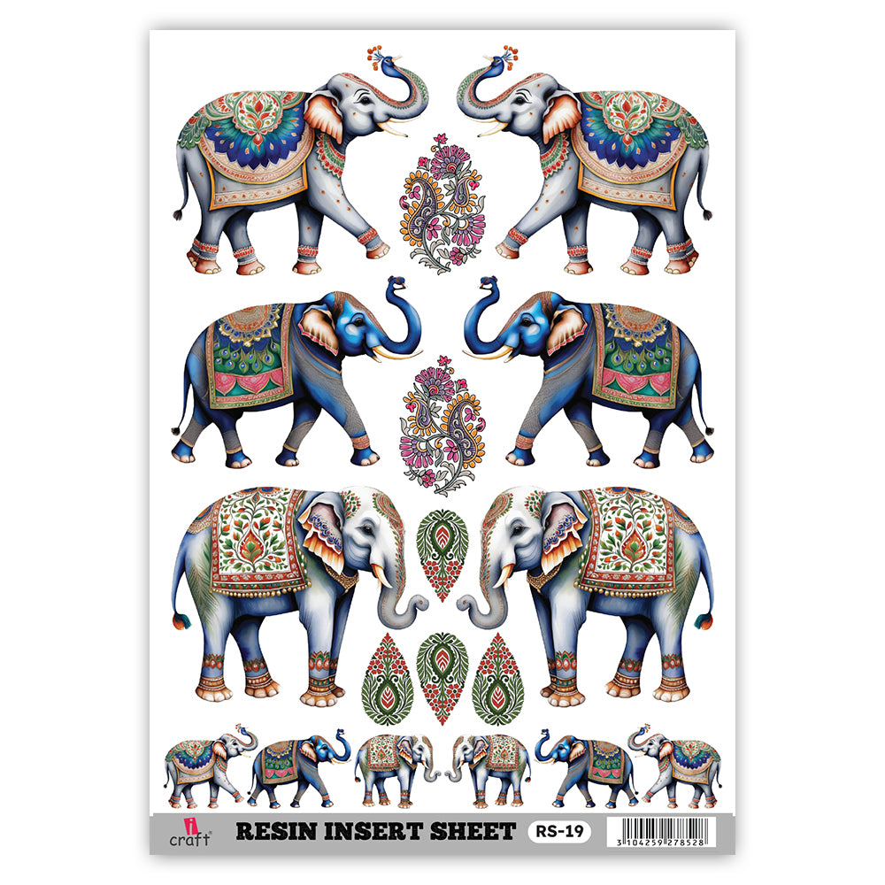 Transparent A5 resin insert sheet printed with an elephant design