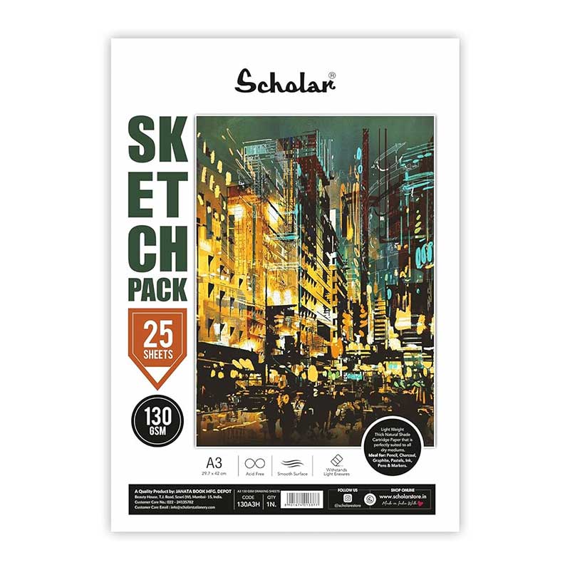 Scholar Sketch Pack Cartridge Paper 130gsm, 25 Sheets, A3